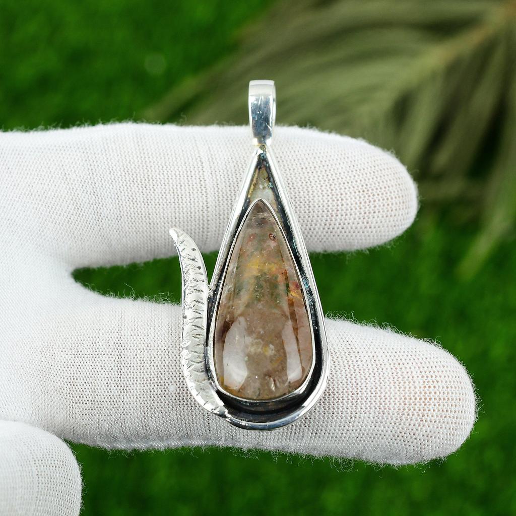 Natural Elestial Quartz Gemstone Pendant Brown 925 Sterling Silver Jewelry