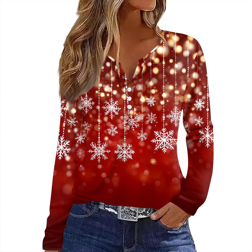 Damen T-Shirt mit Weihnachtsdruck, Knopfleiste, lange Ärmel, für den Alltag, Wochenende, modisch, Basic, V-Ausschnitt, normales Oberteil