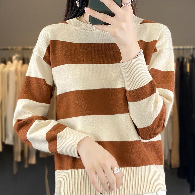 Autumn New Crew Neck Sweater Women's Loose Striped Long Sleeve Knitted Sweater Pullover Women's
