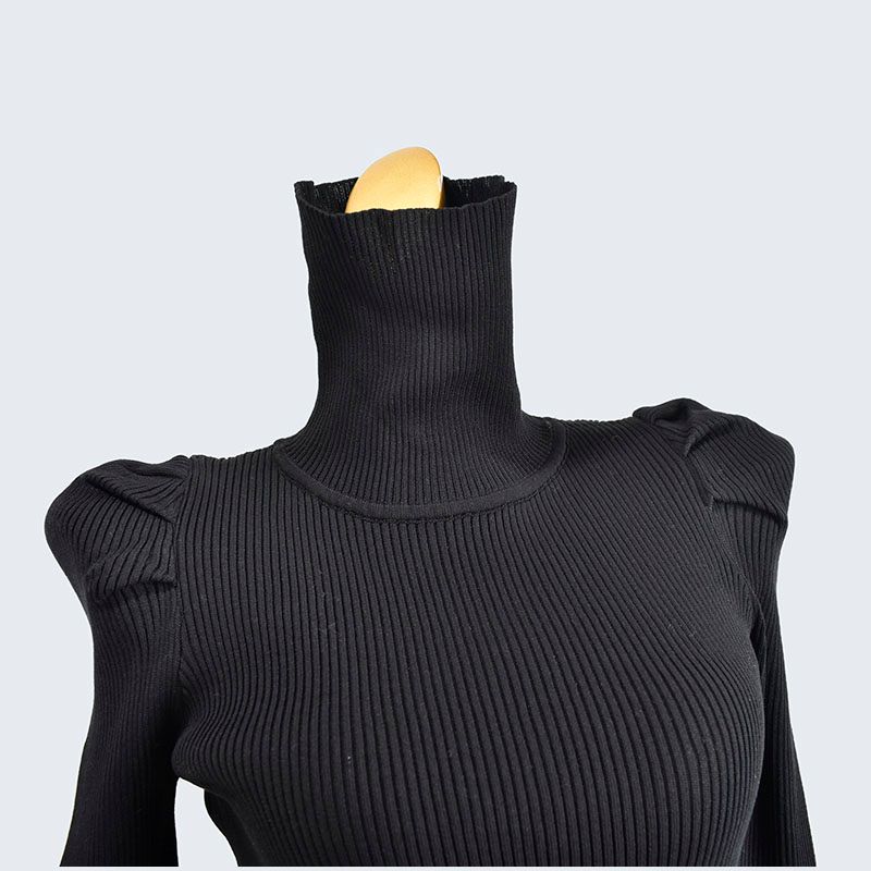 Autumn and Winter High Neck Short Silm Knitting Sweater Bubble Long Sleeve Bottoming Shirt Pullover Inner Wearing Women's Clothing Black