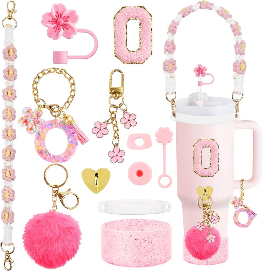 12PCS Cup Accessories for Stanley Cup,Straw Cover Cap 30oz 40oz Water Bottle Handle Strap,Boot,Chains,Personalized Sticker