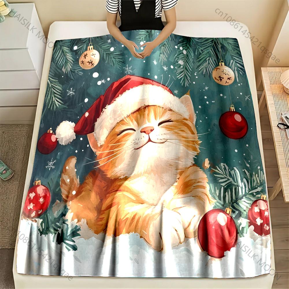 

Multi-size Festive Cat in Snow Pattern Blanket Flannel Material Soft Warm for All Seasons Home Outdoor Camping Picnics RV Gifts 75x90cm