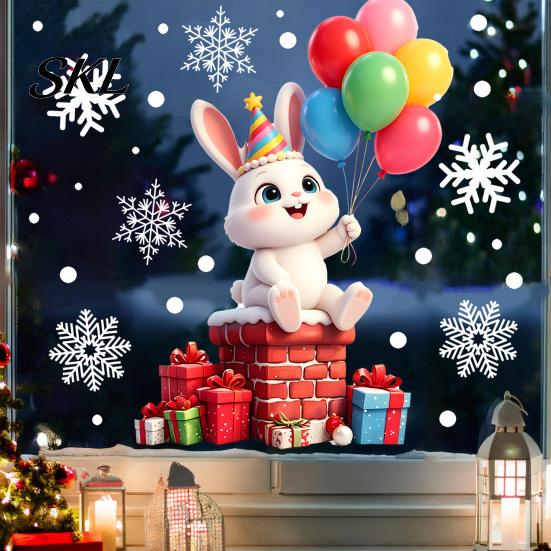 Removable Home Decor Stickers 2 Pcs Christmas Window Stickers, Cartoon Cute Deer Rabbit Cling, Easy Decals Winter Snowflakes Static for School Office