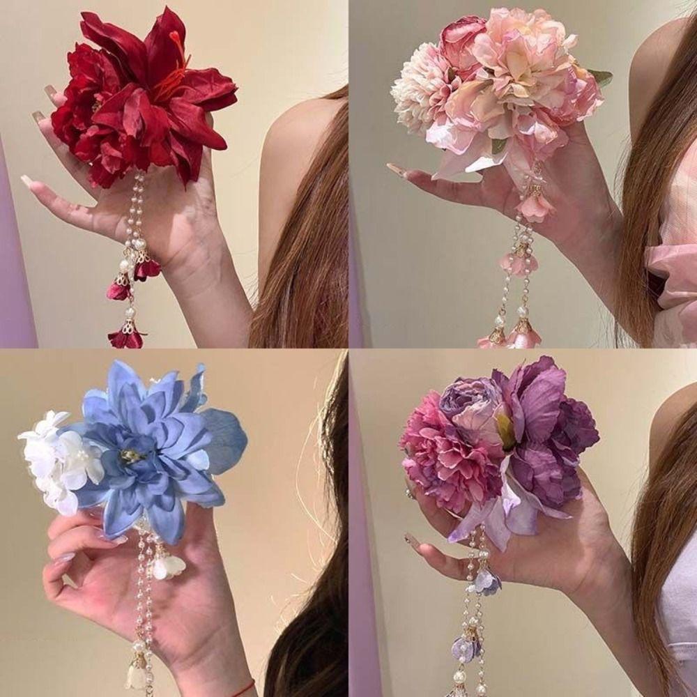Elegant Design Flower Hairpin Pink Floral Headdress Tassel Hanfu Hair Accessories  Party Wear
