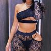 See Through Lace Cut Out One Shoulder Tank Top Sexy Hollow Out Tights Pantyhose Women 2 Pieces Set