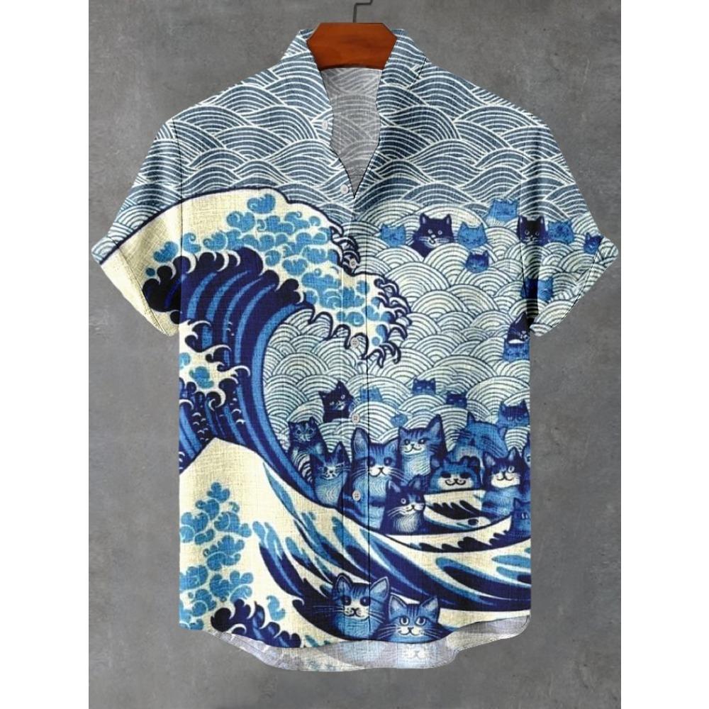 Men's Sunflower Cat All Over Art Print Shirts 3D Anime Hawaiian Shirt Men Women Short Sleeve Lapel Blouse Oversized Y2k Top