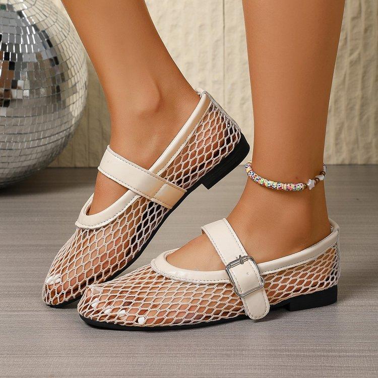 Large Size Mesh Hollow Breathable Ballet Shoes Summer Buckle Flat Heel Sandals Women