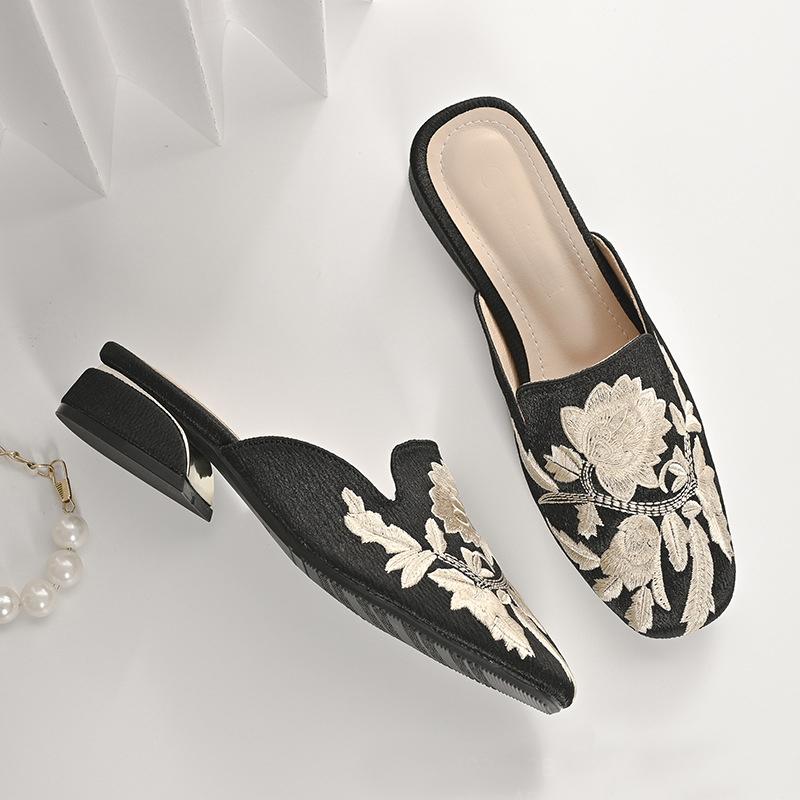 Fashion Desinger Embroider Silk Slippers Women Square Toe Med-high Heels Slides Shoes Woman Outdoor Floral Footwear Metal Heel Pantuflas
