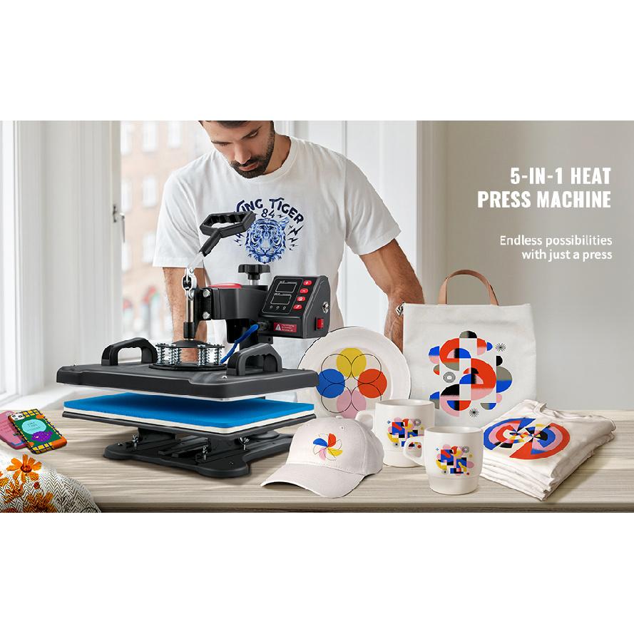 SucceBuy Hitzepresse 5in1 Hitzepressenmaschine 12x15in Clamshell Sublimation Transferdrucker Digitale Präzise Temperaturregelung
