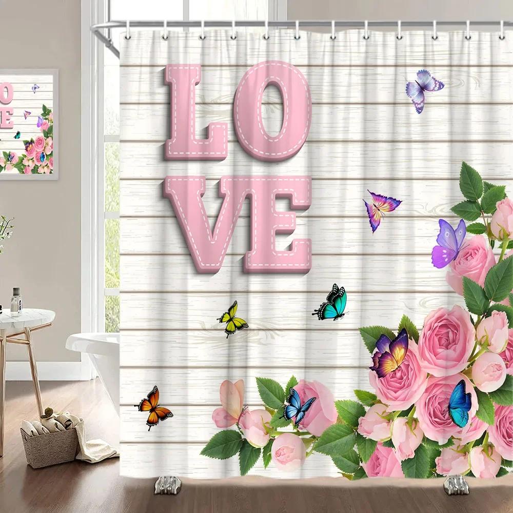 Valentine'S Day Shower Curtain, Rose Flower Heart Romantic Plant Love Lipstick Polyester Printed Fabric Bathroom Decoration