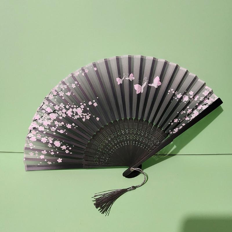 Éventail traditionnel chinois vintage avec pompons Éventail pliant portable Éventail de danse pour femmes Mariages Bals de fin d'études Photographie