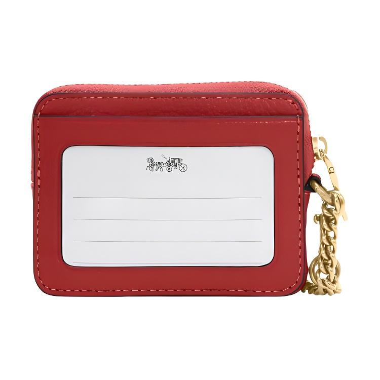 Coach Card Case With Zipper Closure And Chain Wrist Strap In Pebble Leather Mini Wallet Women Wallets Red 6303-IMP1Y