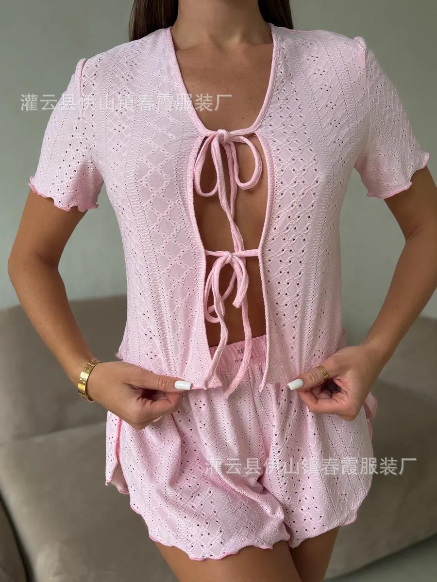 2026 new pajamas set casual loungewear two-piece set European and American sexy hollow lace-up pajamas S розовый