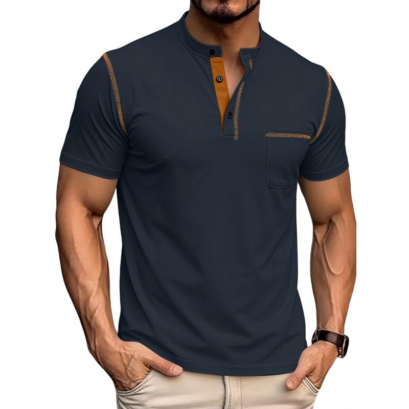 Men s Oversized Casual Sports T-Shirt: Short-sleeved, breathable, half-buttoned henley polo shirt in a subtle herringbone pattern S тёмно-синий