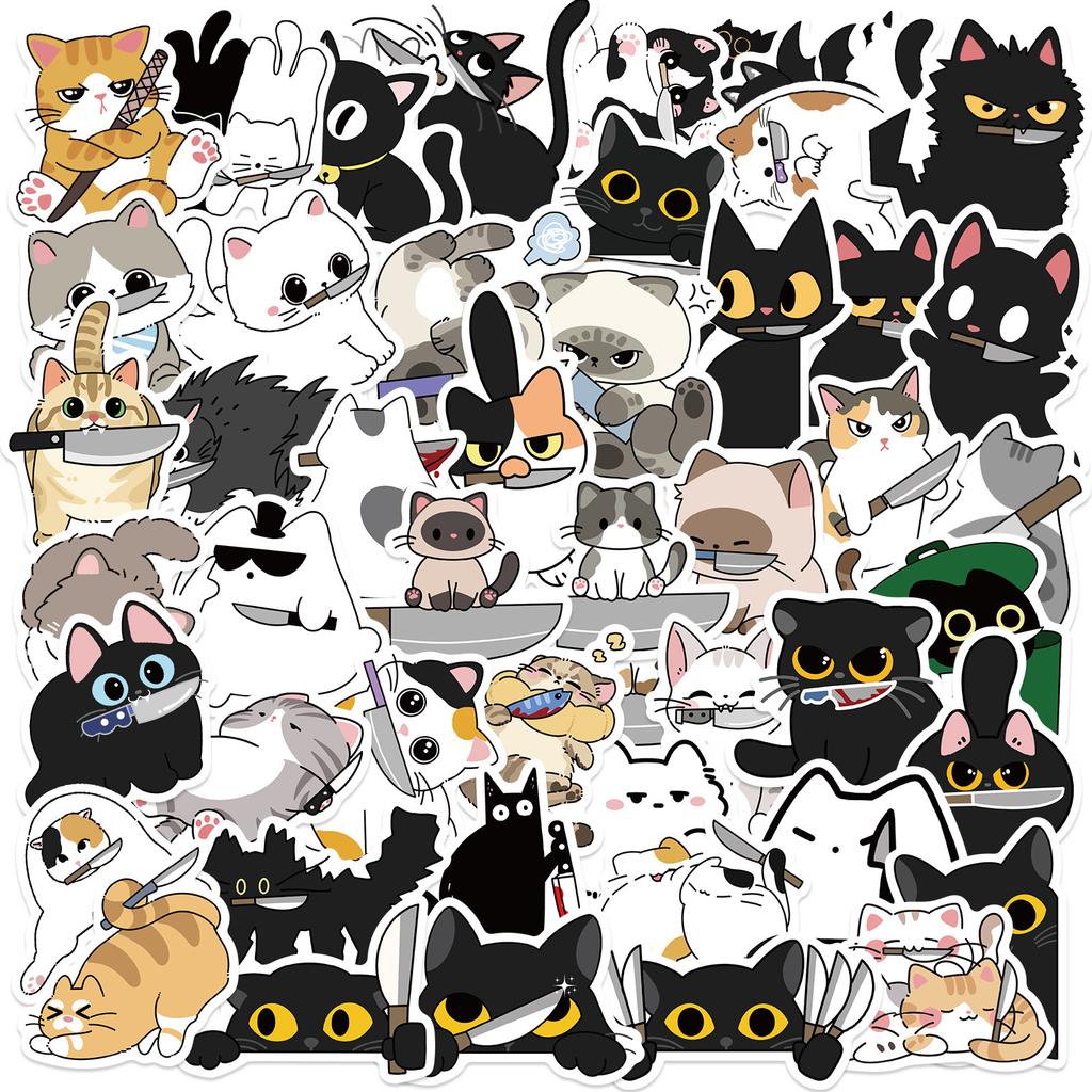 50 Cartoon Kitten with Knife Graffiti Stickers Decorate Guitar Notebook Suitcase DIY Waterproof