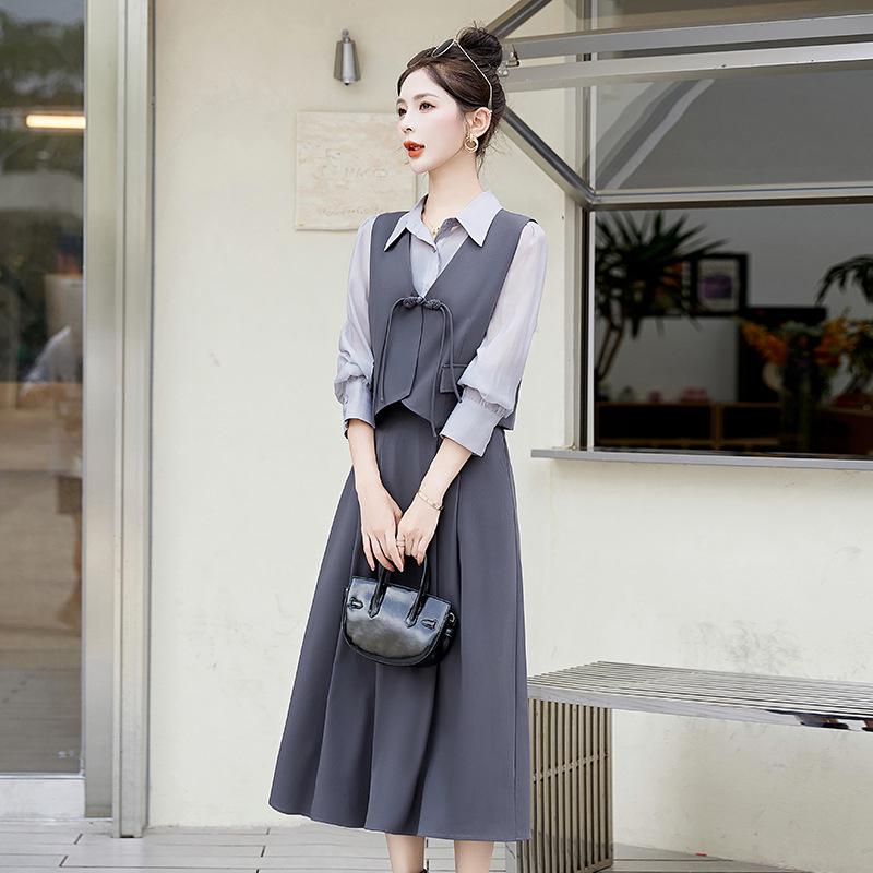 Autumn 2024 Retro Socialite Three-Piece Set: Frog Button Vest, Midi Skirt, Inner Layer Shirt - YE6206