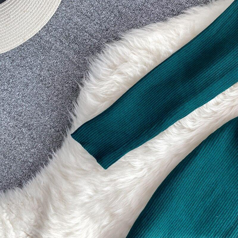 RUGOD Dlouhý rukáv Visící výstřih s výstřihem do V Elastické pletené šaty 2022 Podzim Zima Nový styl Dlouhá sukně s přiléhavým zadečkem