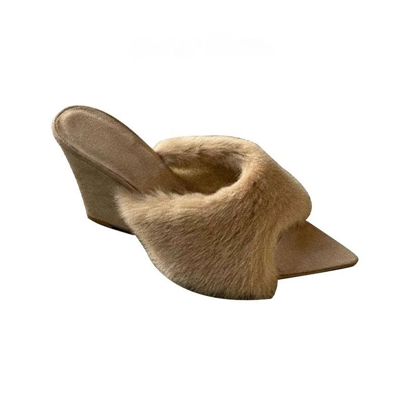 New Products In Early Autumn~ Temperament Pointed Open-toed Fluffy Slippers Women's 2025 New French Casual Fashion Wedge Slippers
