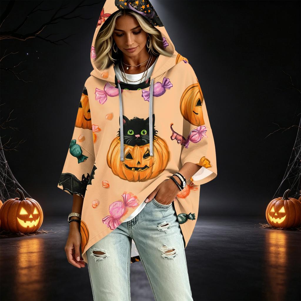 Women's Halloween Printed Hooded Pullover Top with 3/4 Sleeves for Casual Everyday Wear