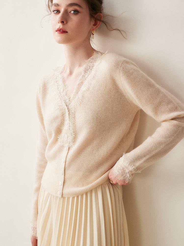 Cardigan in Pizzo e Cashmere da Donna con Scollo a V - Modello Sottile, Cashmere di Capra di Alta Qualità, Collezione Autunno/Inverno.