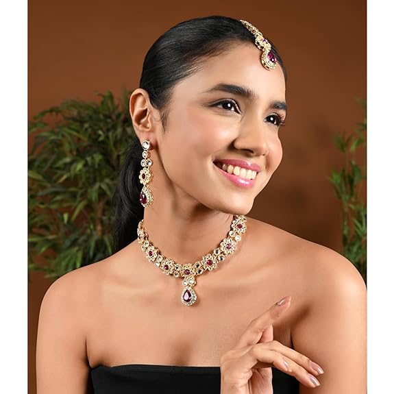 Gold Plated Traditional Kundan Stone Choker Necklace With Earrings & Maang Tikka Jewellery Set for Women