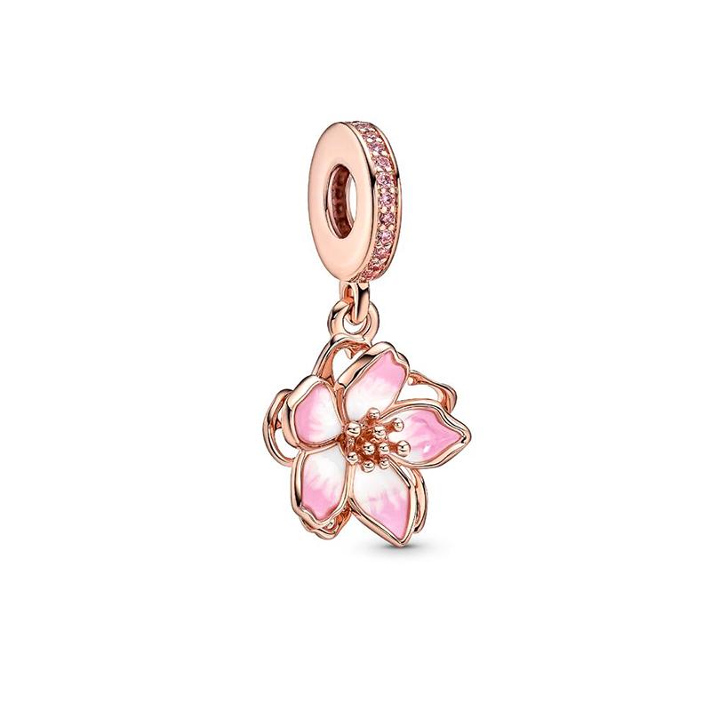 Sparkling Rose Gold Original Flower Charm Pink Daisy Flower Cherry Blossom Rose Flower Beads Fit Snake Bracelet DIY Jewelry Gift