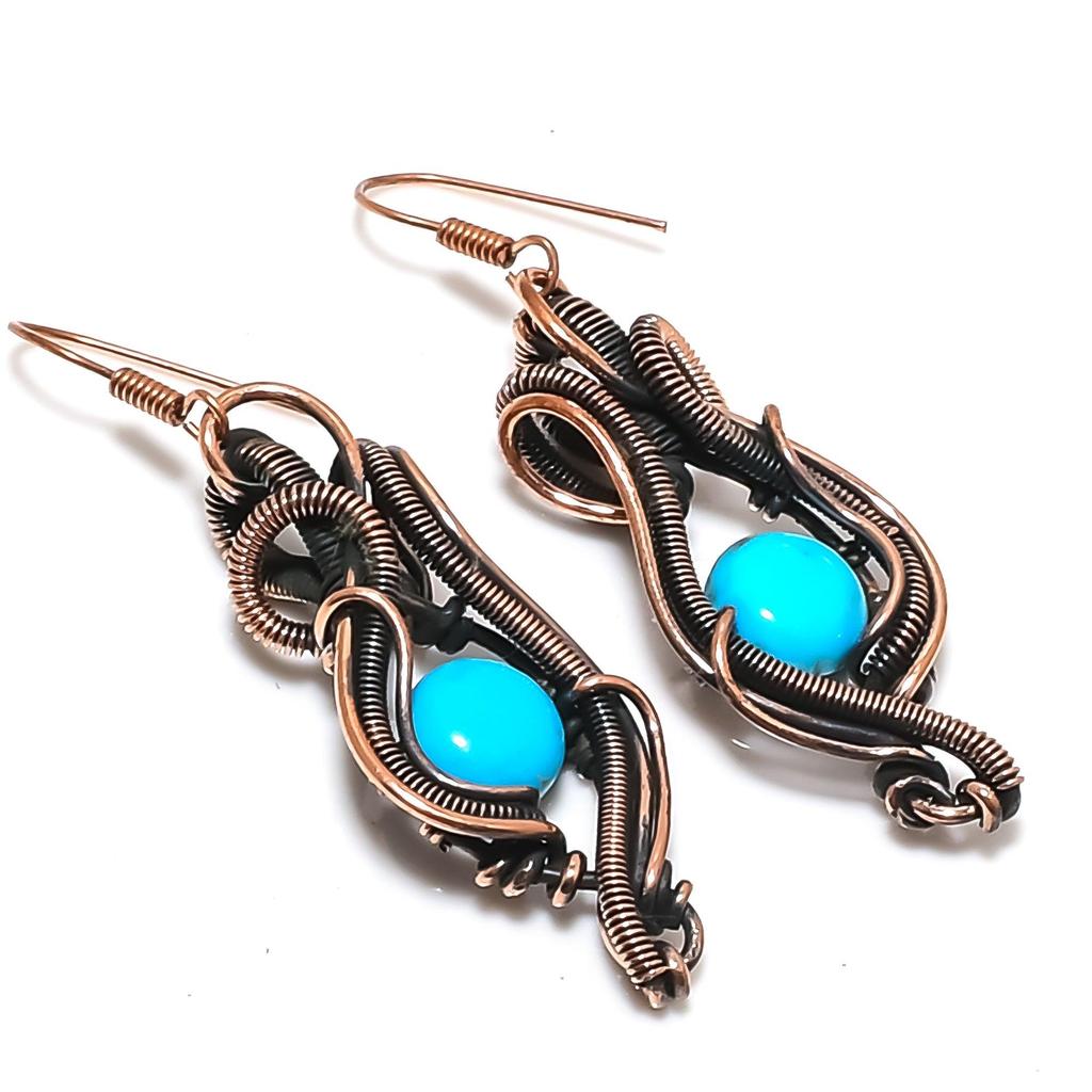 Sleeping Beauty Turquoise Earrings, 999 Copper Wire Wrap Gemstone Jewelry, Handmade Earrings, For Thanksgiving