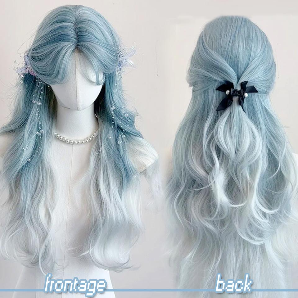 WTB Synthetic Wig Female Glacier Blue Gradient Light Gray Long Hair Lolita Hand-woven Lace Wool Long Curly Hair Cos Party Wig