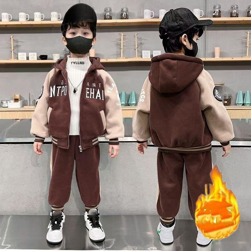 Winter Jungen Bekleidungssets Fleece Kleidung Sets für Kinder Buchstaben Kinder Jacke+Hose 2-teilige Anzüge Baby Trainingsanzug