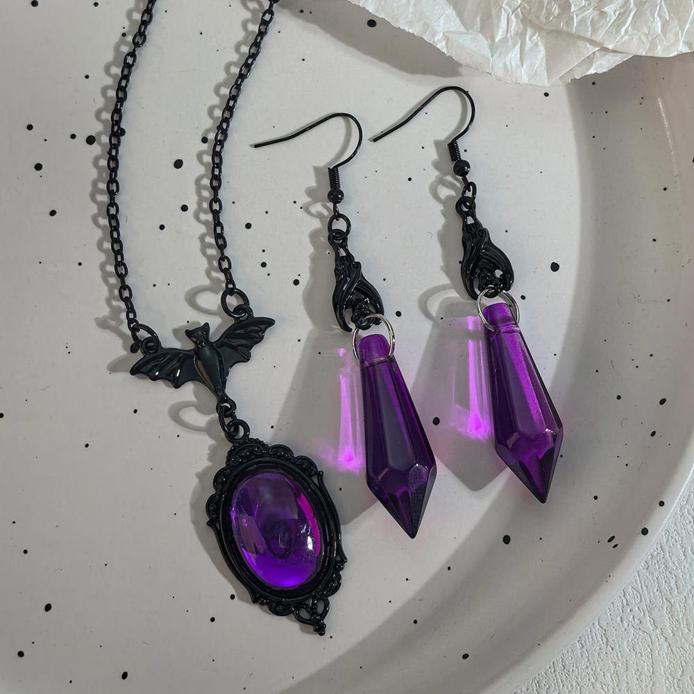 Gothic Black Bat Pendant Necklace With Faux Amethyst Drop Earrings Jewelry Set, Dark Witch Style, Perfect For Halloween Party We