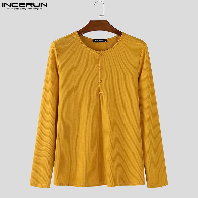 INCERUN Herbst Herren Langarm Einfarbig Rippenmuster Figurbetont Pullover Tops Unterhemden