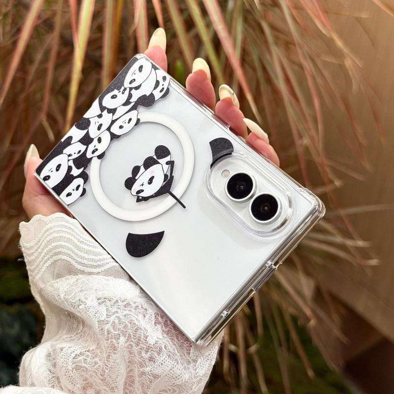 Kawaii Cartoon Panda Magnetic Phone Case For Samsung Galaxy Z Fold 8 Ultra 7 6 5 Fold7 Fold6 Cover with Magsafe Stand Cute Cases