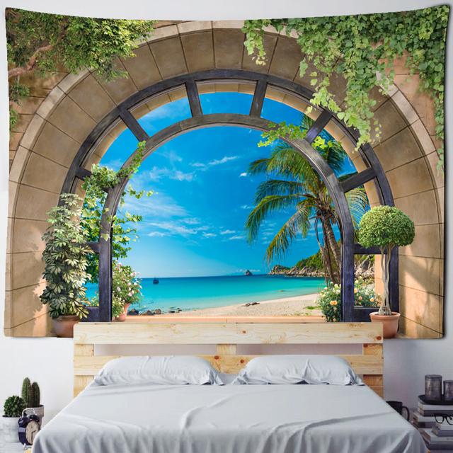 Bamboo Forest Cottage Window Painting Tapestry Wall Hanging Bohemian Sika Deer Aesthetics Room Home Decor