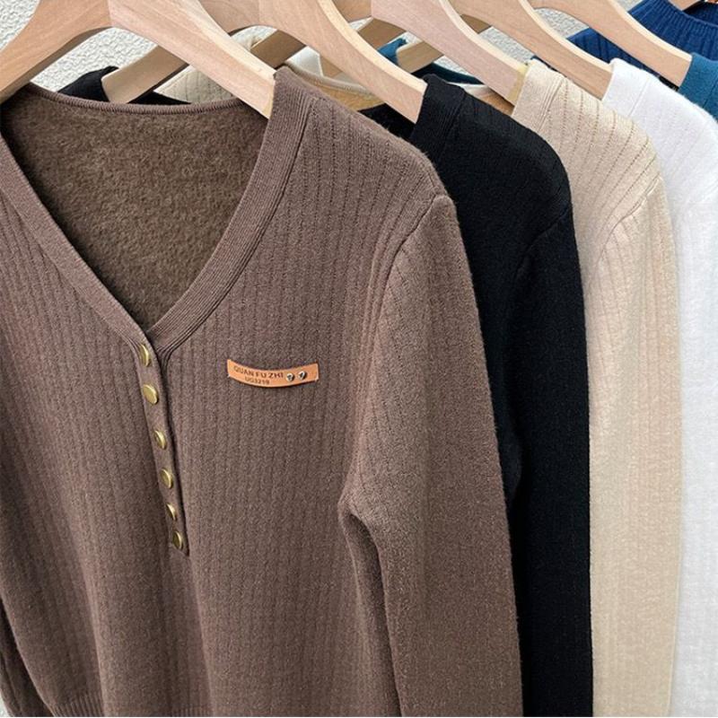 Fashion Plus Velvet Padded Sweater All Match Casual Knit Bottoming Shirt Women Autumn Winter Elegant Slim V-neck Tops