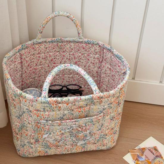 Boho Fabric Laundry Basket Floral Print Quilted Storage Basket Portable Folding Basket Bag with Handles for Home Clothes And Sundries