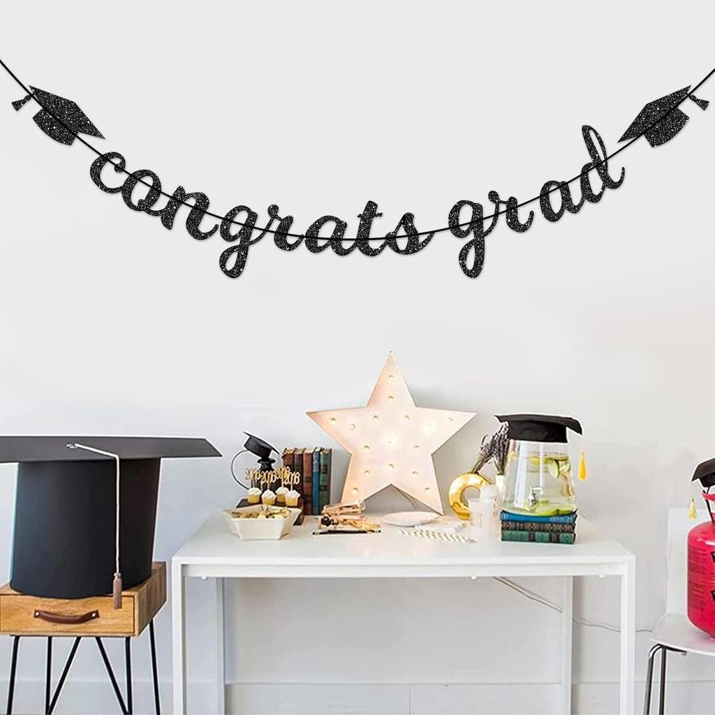 Congrats Grad Banner Decorations - Hanging Glitter Graduation Banner with Cap Garland Sign Bunting for Graduation Celebration Photo Backdrop, College