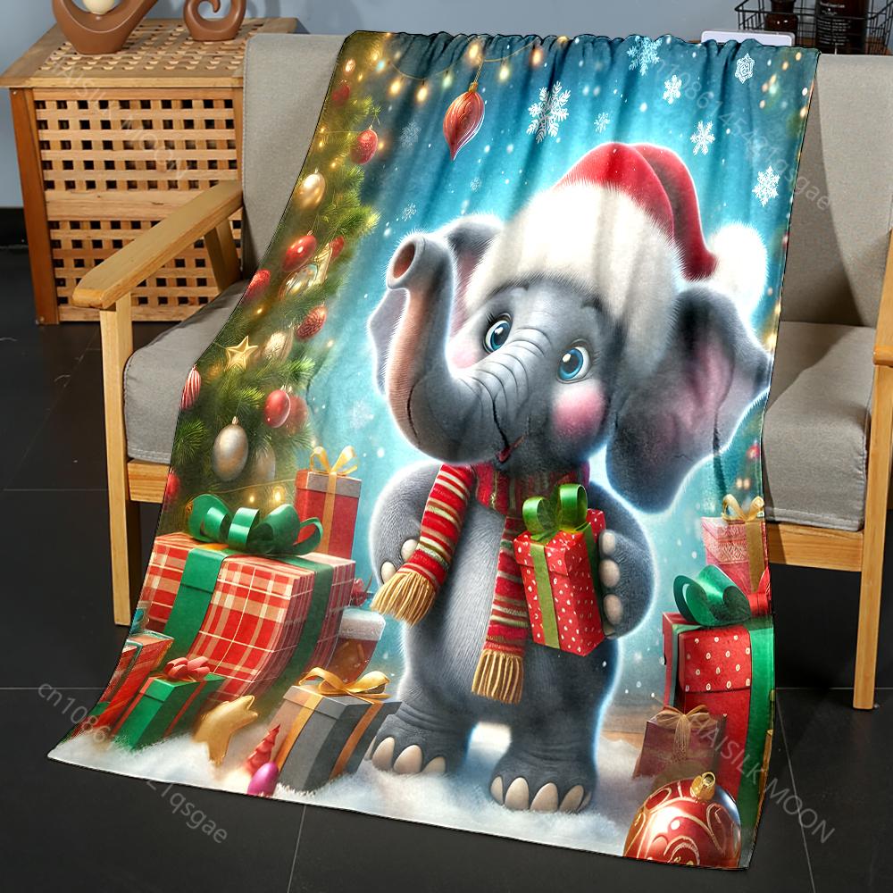Christmas Elephant with Presents Pattern Blanket Flannel Material Soft Warm for All Seasons,For Home Outdoor Camping Picnics RV