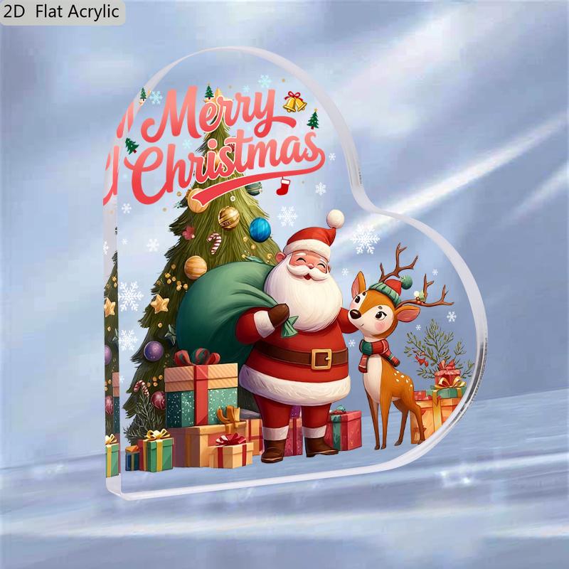 2D Flat Heart-Shaped Acrylic Christmas Desktop Decoration, Santa Claus & Reindeer Design, Snowy Tree & Presents, Suitable for wall decoration, porch,