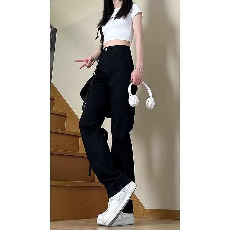 Women's American Vibe Black Straight-Leg Jeans - Micro Flare, Versatile, Casual, High-Street Spring Trend.