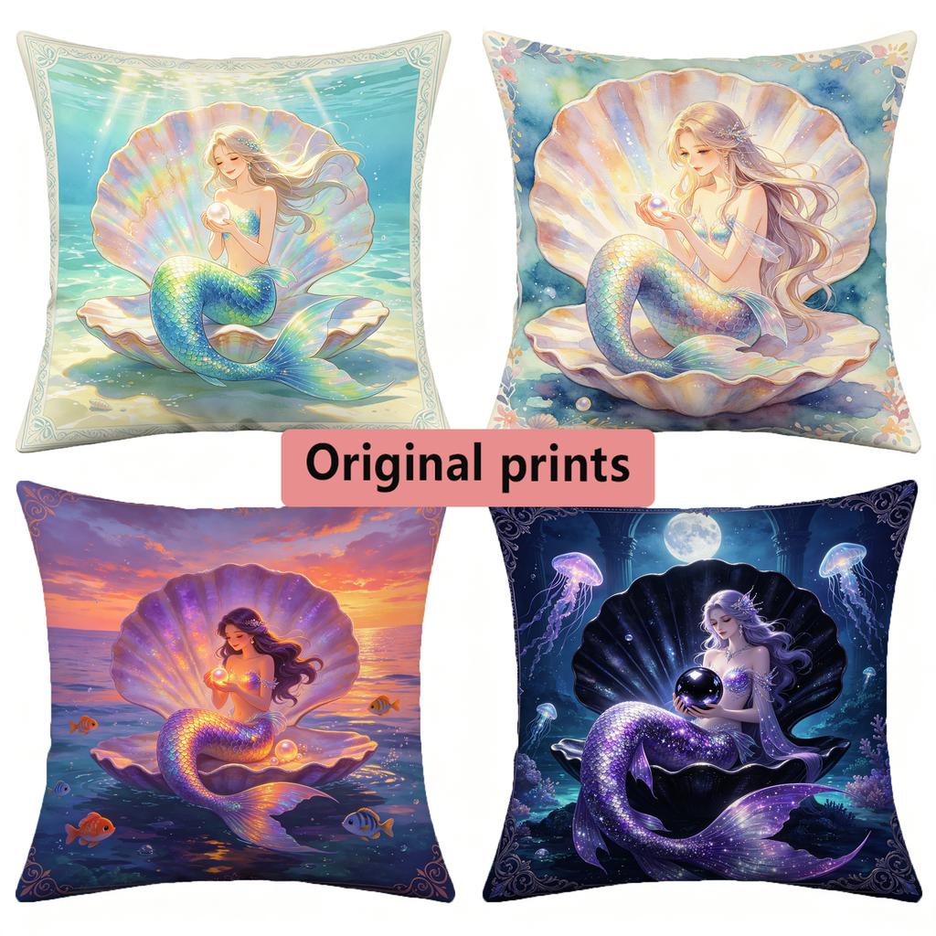 Mermaid Printed Square Throw Pillow Cases For Home Decor Pattern Cushion Cover Suitable For Sofa Bedroom Car Pillow Cover