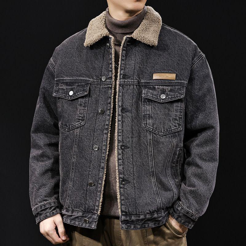 Men's Retro Winter Denim Jacket with Lambswool Lining - Trendy, Handsome, and Warm Cotton Outerwear