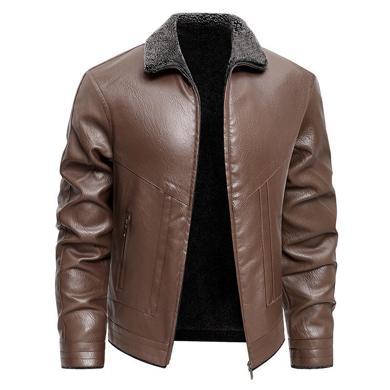 Men's Plus Size Winter Fur-Lined Leather Jacket with Lapel