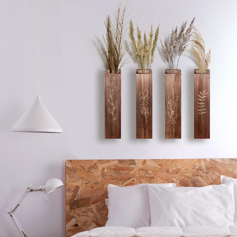Wooden Wall Flower Pot4Set of Bohemian Farmhouse Style Living Room Bedroom Decor Pocket Vase Dried Flowers Artificial Green Plan
