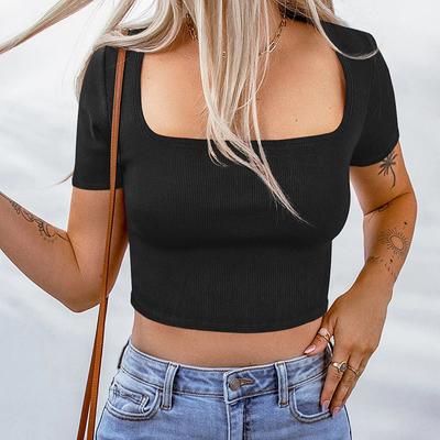 Women Summer Casual Square Collar Short Sleeve Bare Midriff Crop Top
