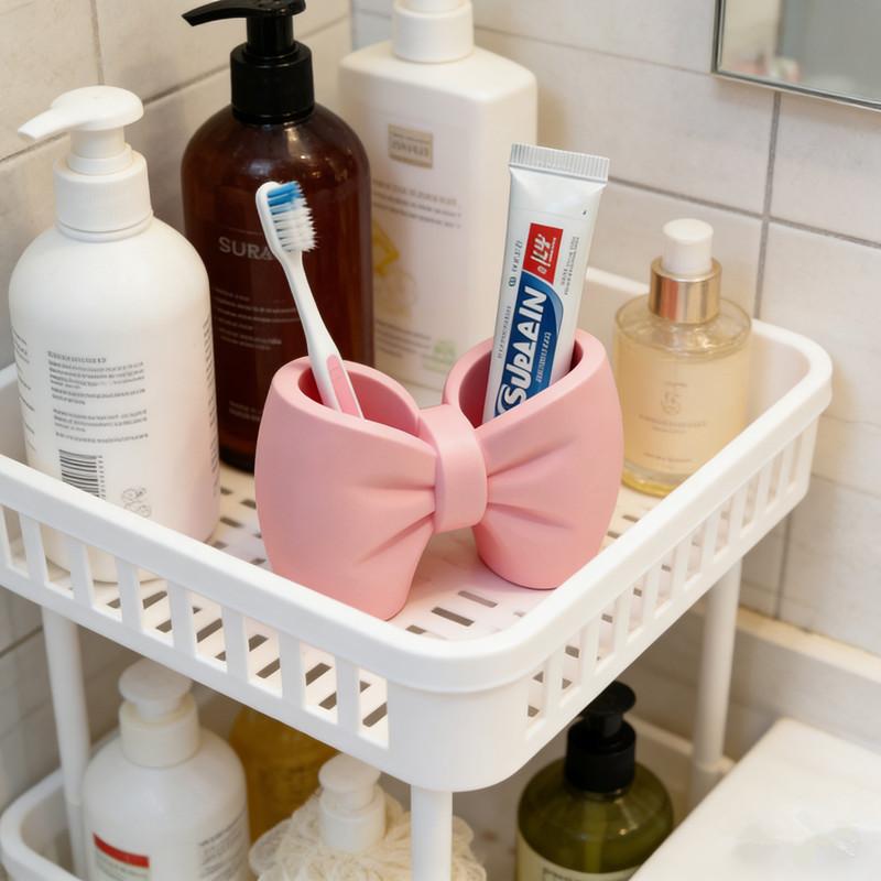 Creative Bow Pen And Toothbrush Holder | Plastic, Freestanding, Ideal For Bedroom And Bathroom Decor, Bathroom Accessories