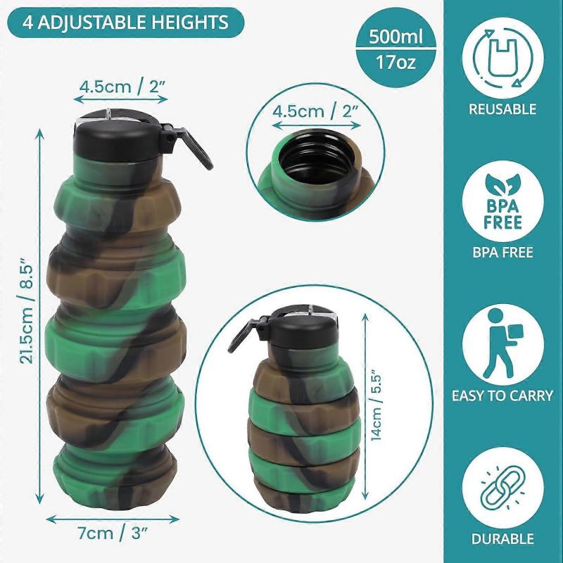 Camouflage Collapsible Silicone Water Bottle - 500ml/17oz Foldable BPA-Free & Leakproof Bottle - Reusable Portable Cup