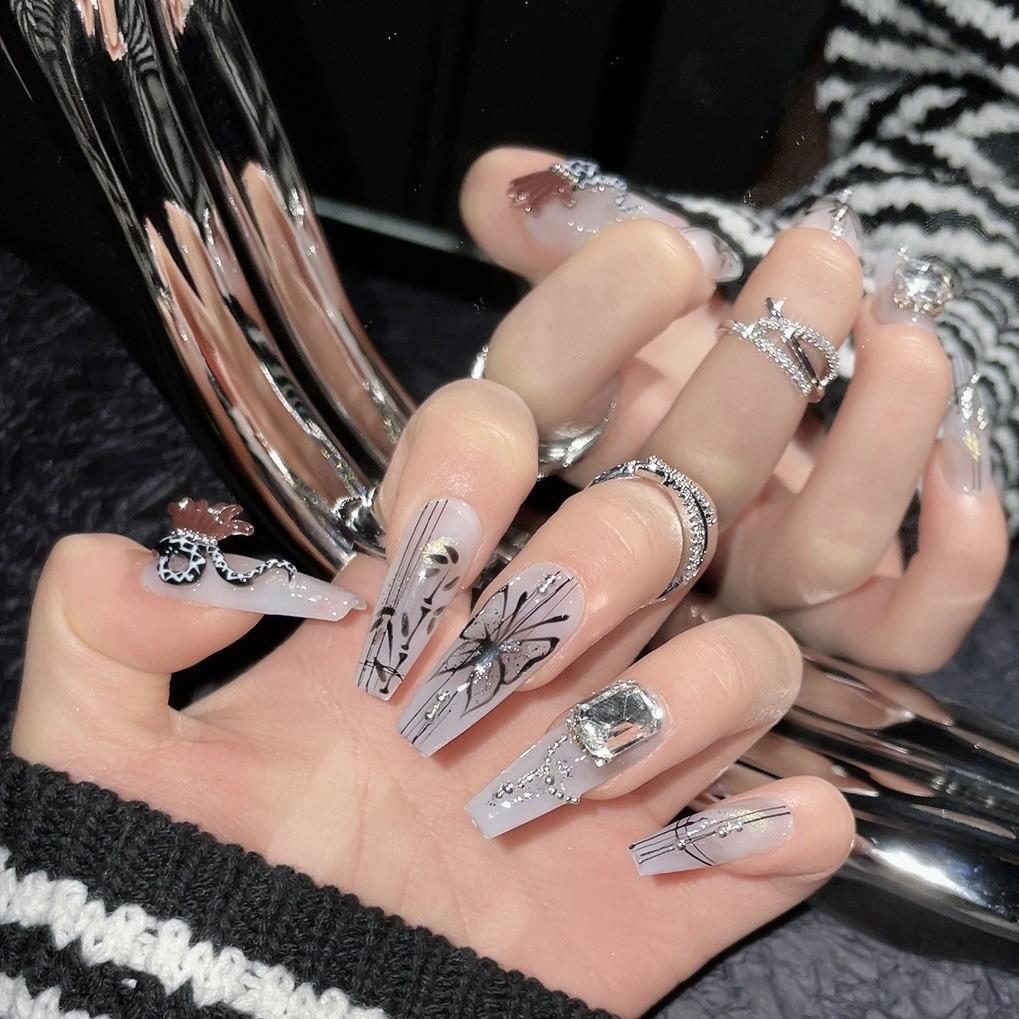 100% HANDMADE Long Coffin Shape Fake Nail set with glue Ink Butterfly Retro Style Long press on nails acrylic Reusable Fake Nails