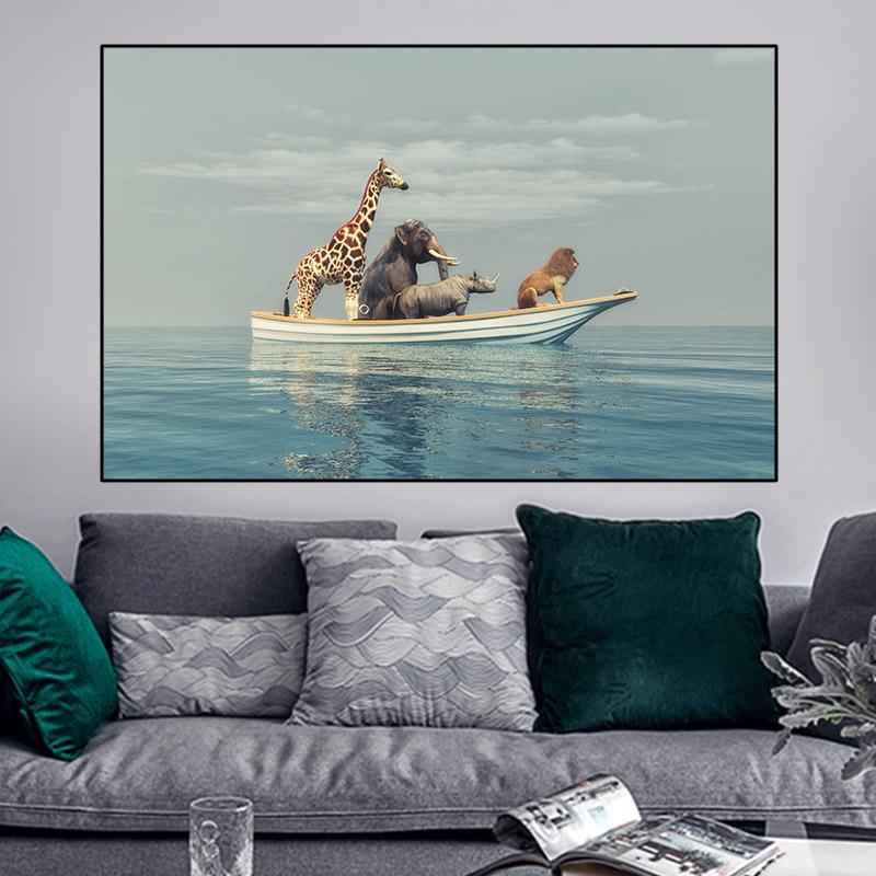 Animal Lion Rhino Elephant Giraffe Wooden Boat Canvas Painting Posters and Prints Wall Pictures Living Room Home Decor No Frame