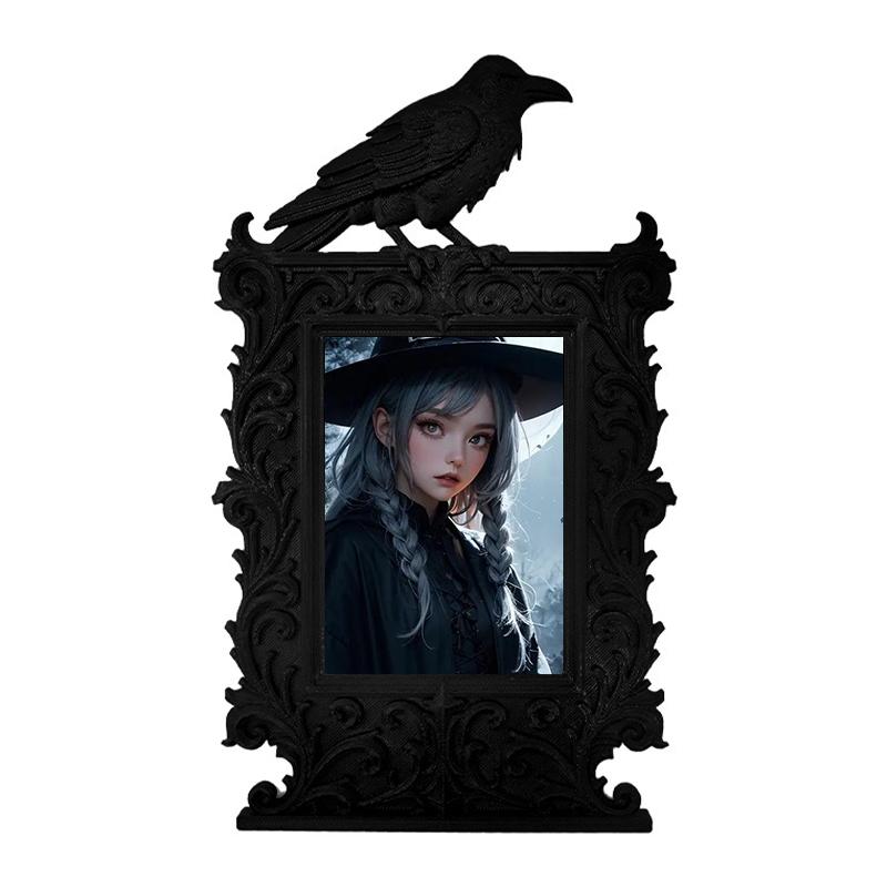 Gothic Raven Shadow Photo Frame Macabre Halloween Wall Art Painting Frame Haunted House Ornament for Mantel Entryway