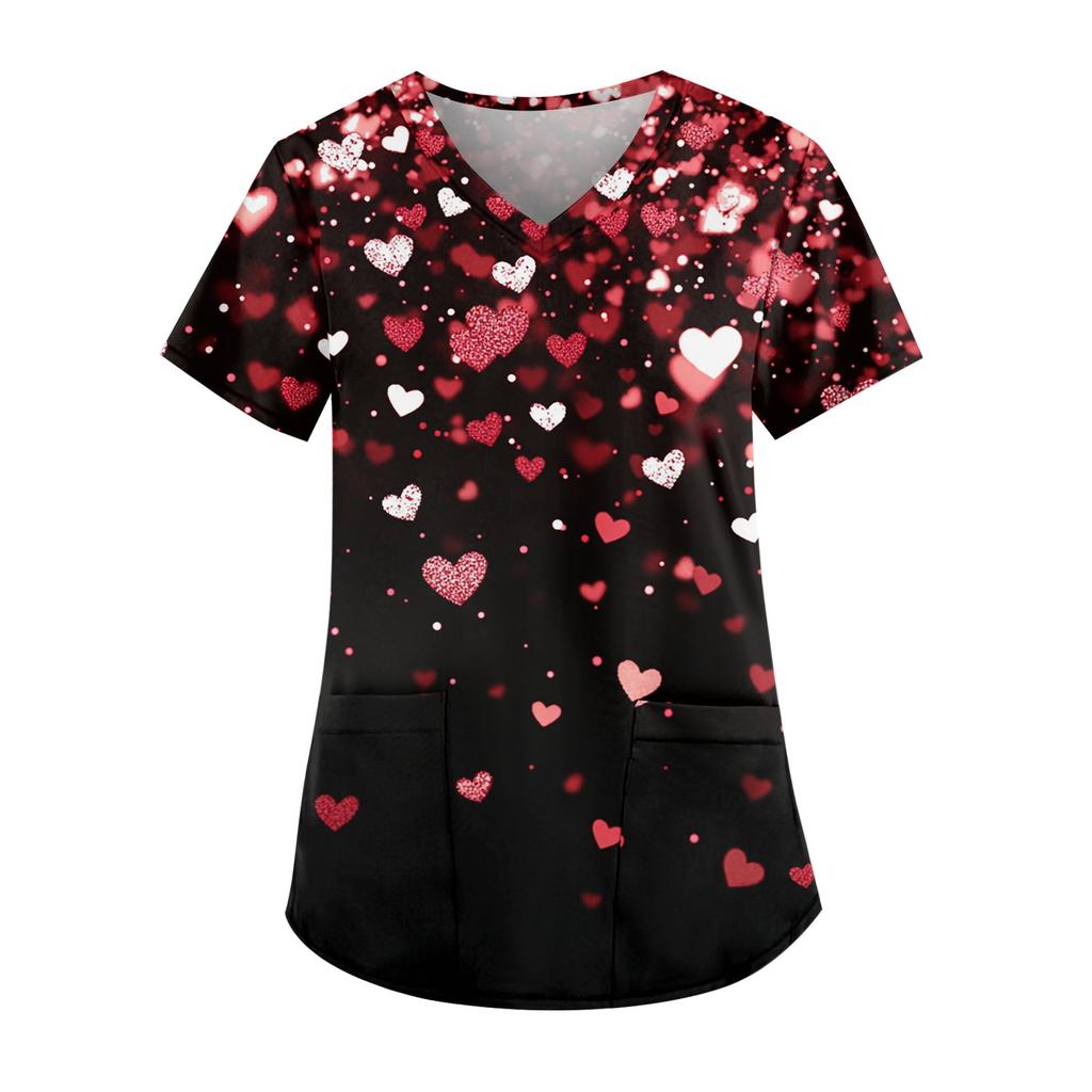 Women's Cute Printed Work Clothes V-neck Double Layer Pockets Basic Short Sleeve Top Pullover Christmas